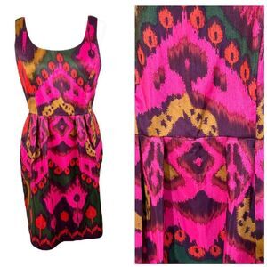Nordstrom Eliza J NWT Ikat Print Sleeveless Dress 12 Pink Green Gold Fit & Flare